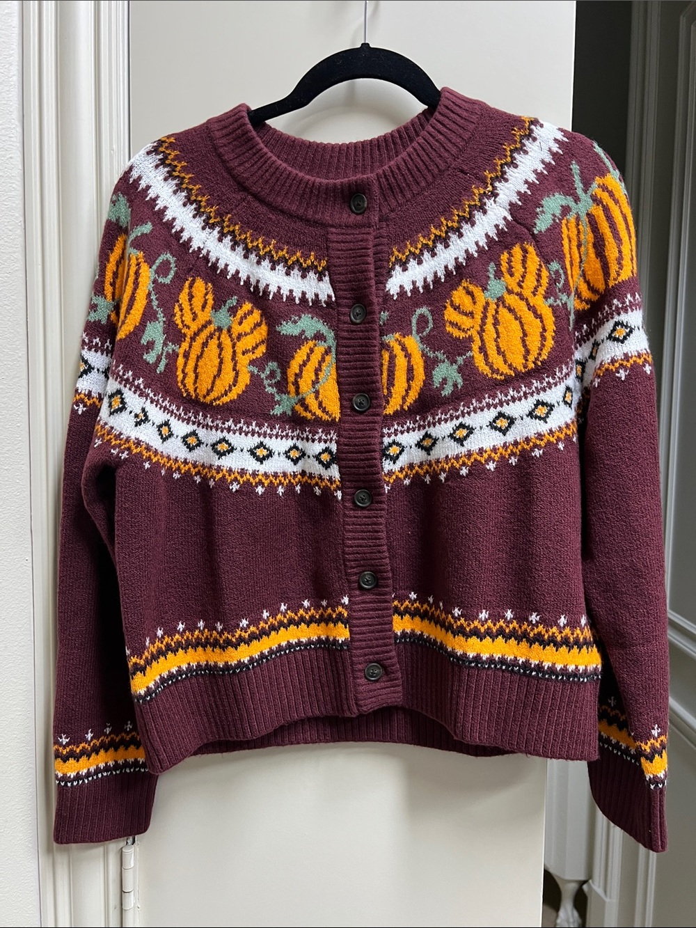 Cozy Burgundy Mickey Mouse Pumpkin Fair Isle Cardigan Sweater Disney Old Navy